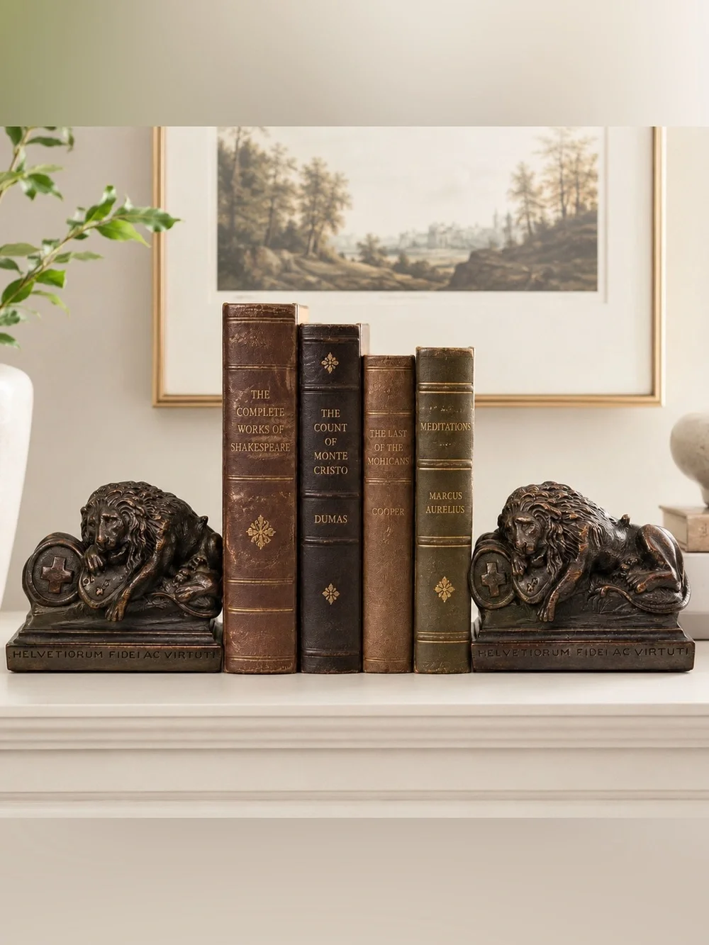 Vintage Mahogany Lion of Lucerne Set of Bookends 